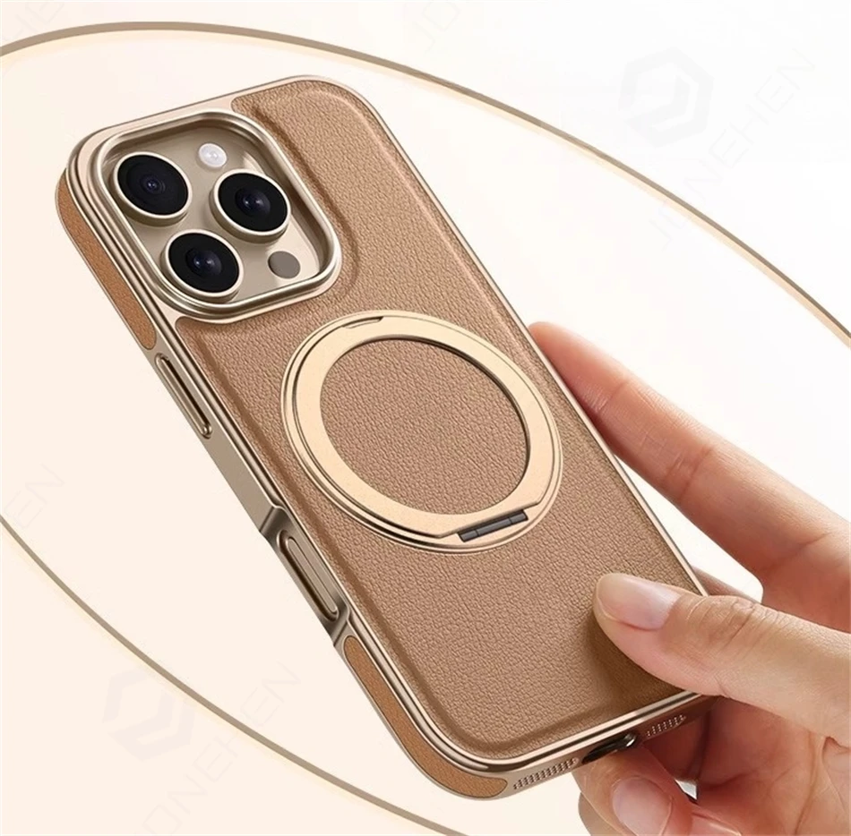 Retro Leather Magnetic Kickstand Cover with 360° Metal Bracelet Holder and Soft Bumper