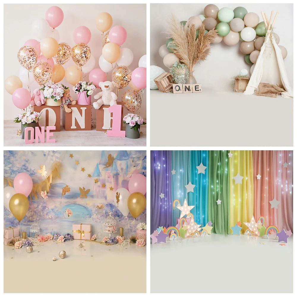 ピンクの1歳の誕生日バルーンパーティーのおもちゃクマのお祝い家族撮影写真の背景写真スタジオ 背景 Aliexpress