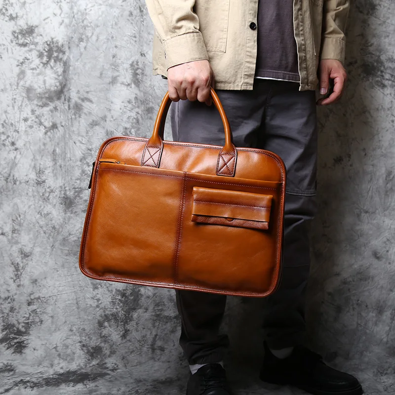 NZPJ Men's Leather Briefcase Retro Top Layer Cowhide Large Capacity Handbag European and American Fashion Shoulder Computer Bag