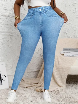 Pantaloni stampati elasticizzati e aderenti in denim con leggings casual lavorati a maglia con fiocco a farfalla sui fianchi
