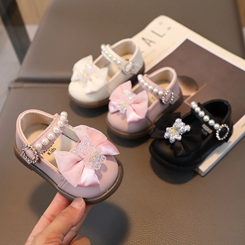 Baby Girl Leather Shoes Kids Bow Pearl Princess Shoes Shallow Soft Sole Cute First Walkers Infant Toddler Cartoon Single baby shoes,soft sole shoes