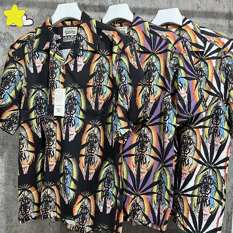 

Black White Purple Maple Leaf Full Print Wacko Maria Shirts Men Women 1:1 High Quality Loose Hawaii Beach Shirt Lapel Pocket
