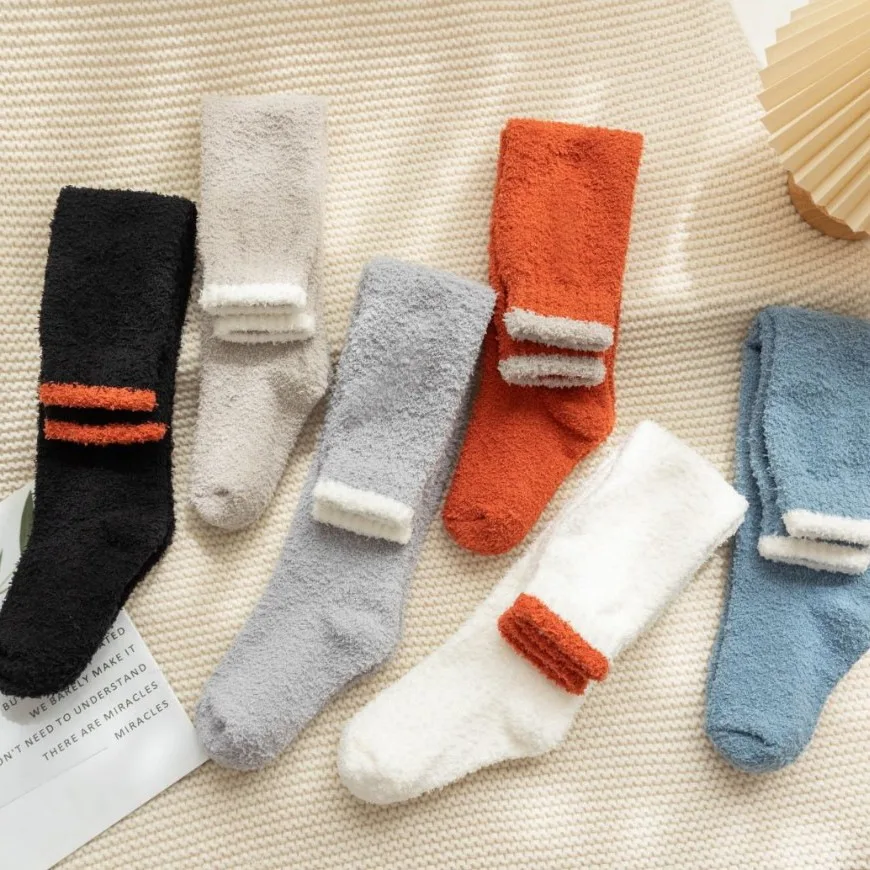 Women Winter Warm Coral Fleece Over-knee High Socks Plush Home Sleep Floor Long Socking