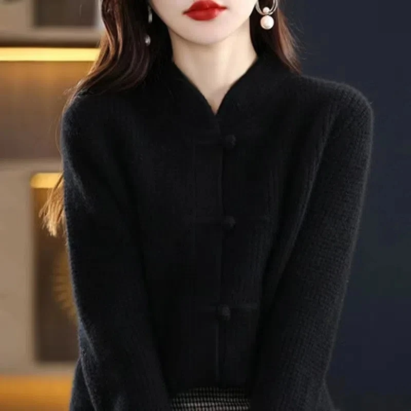 Vintage Knitted Cardigan Women's Thickened Half High Collar frog Loose Slim Sweater Coat Chinese Style Top Autumn And Winter N