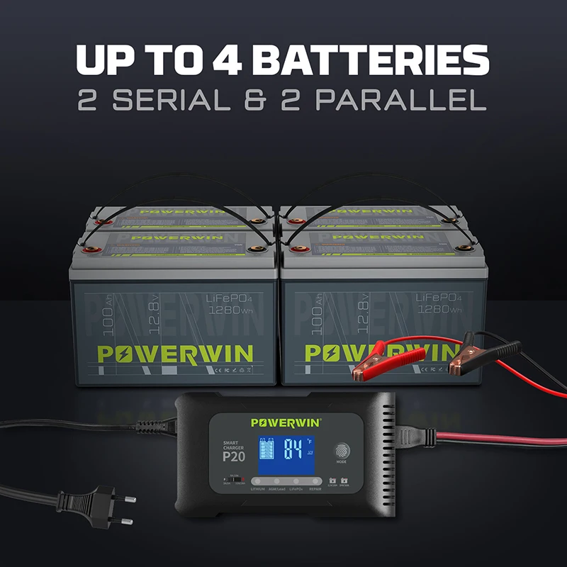 LifePO4 Smart Charger 12V 100Ah/1280Wh P20 20A 12V20A 24V10A Automatic LCD AGM Lead-Acid Lithium Pulse Repair for POWERWIN BT100 lithium battery