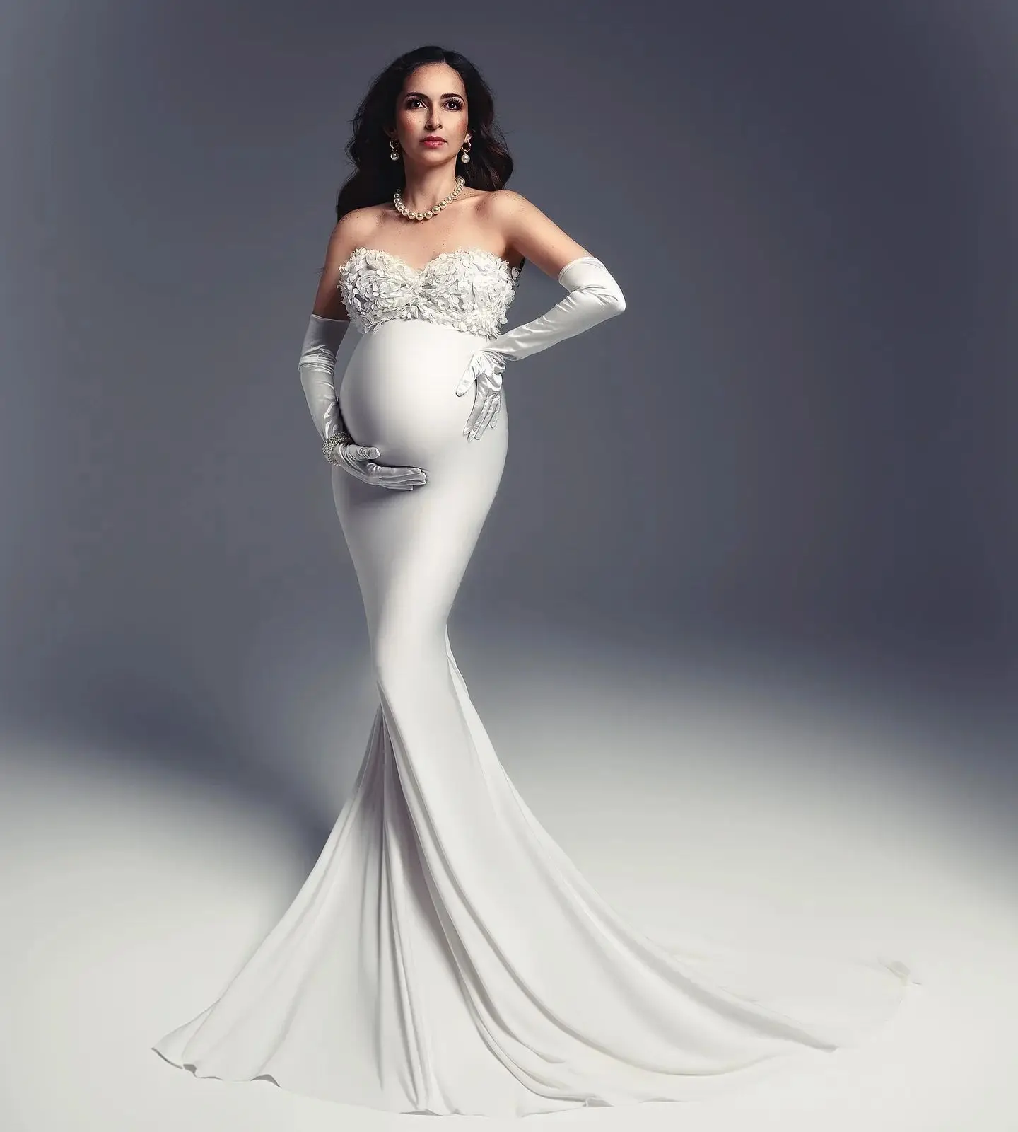 

Vintage White Maternity Robes Lace Beads Sleeveless Mermaid Pregnant Women Dresses Sexy Floor Length Photoshoot Party Gowns