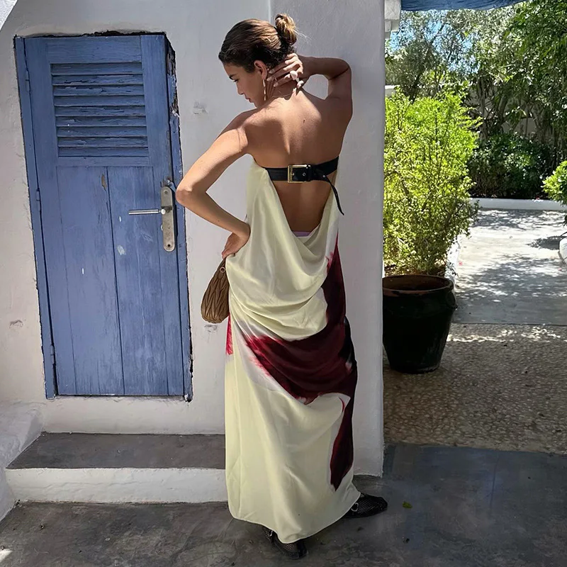 Sexy Floral Printed Strapless Long Dresses Women Loose Off The Shoulder Sleeveless Beach Dress 2025 Summer Lady Vacation Robes