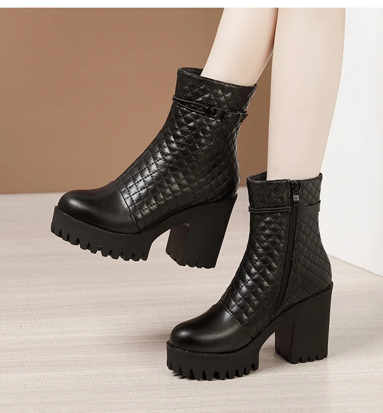 High quality mid calf leather cowhide boots for women 10cm high heel platform 2023 autumn winter 33 42 43 elegant shoe - black