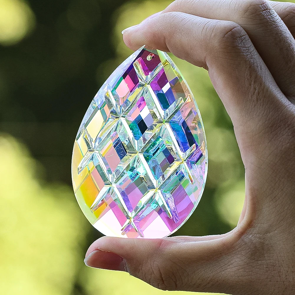 Waterdrop Grid Crystal Suncatcher Glass Prism Window Hanging Decor Rainbow Maker Chandelier Lamp Pendant for Window Ornament