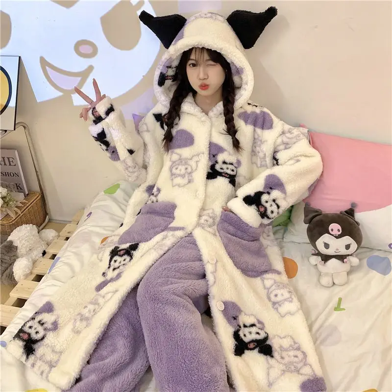 

Anime Figure Kuromi Cartoon Cute Pajamas for Women In Winter Coral Velvet Thickened Warm Comfort Hooded Home Night-Robe Set
