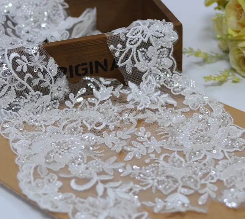 1yard embroidered flower lace trimmings for wedding dress Sewing accessories lace trims Luxury