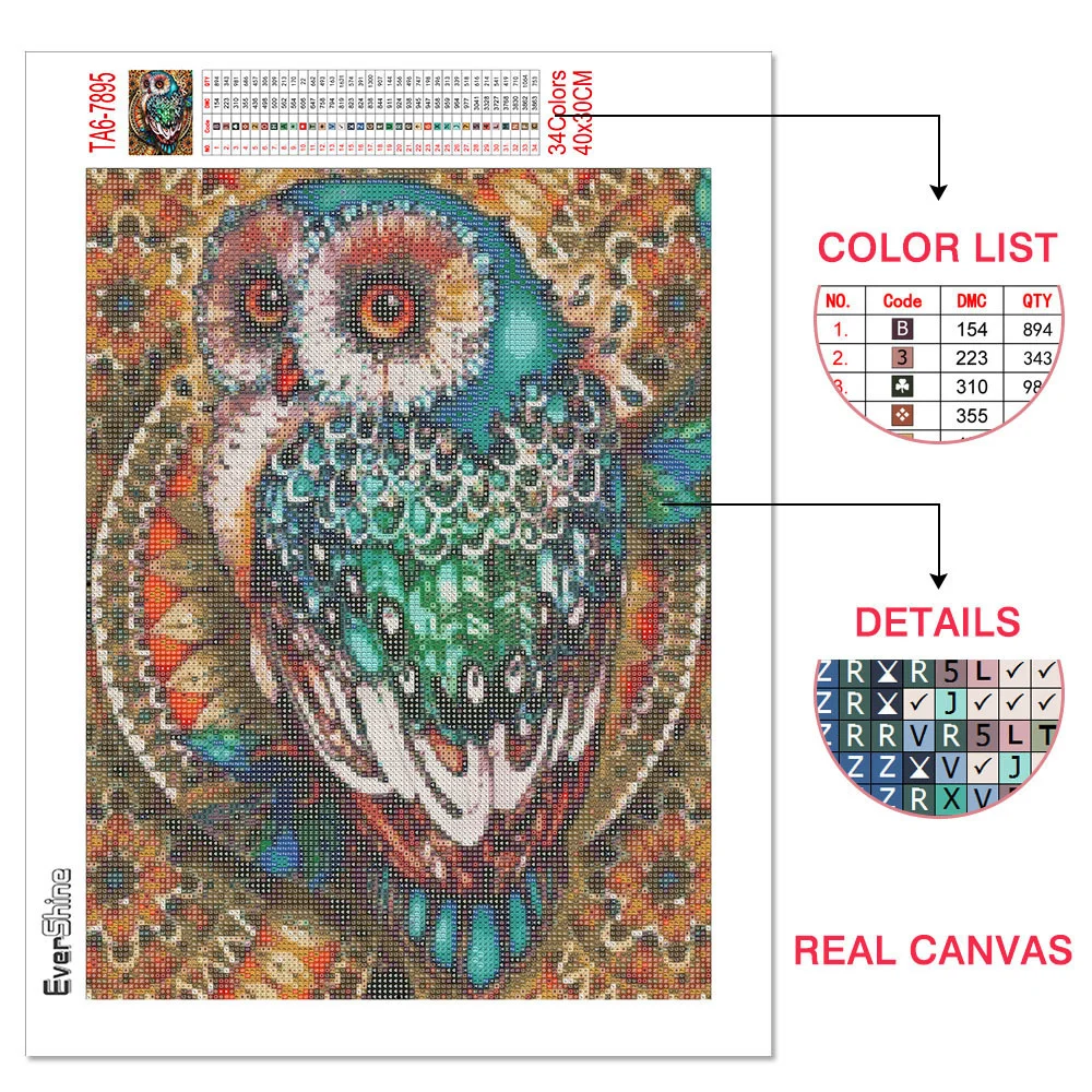 Diamond Painting EverShine Diamond Mosaic Full Square Owl Rhinestones Art Animal Diamond Painting Cartoon Cross Stitch Decoration For Home
