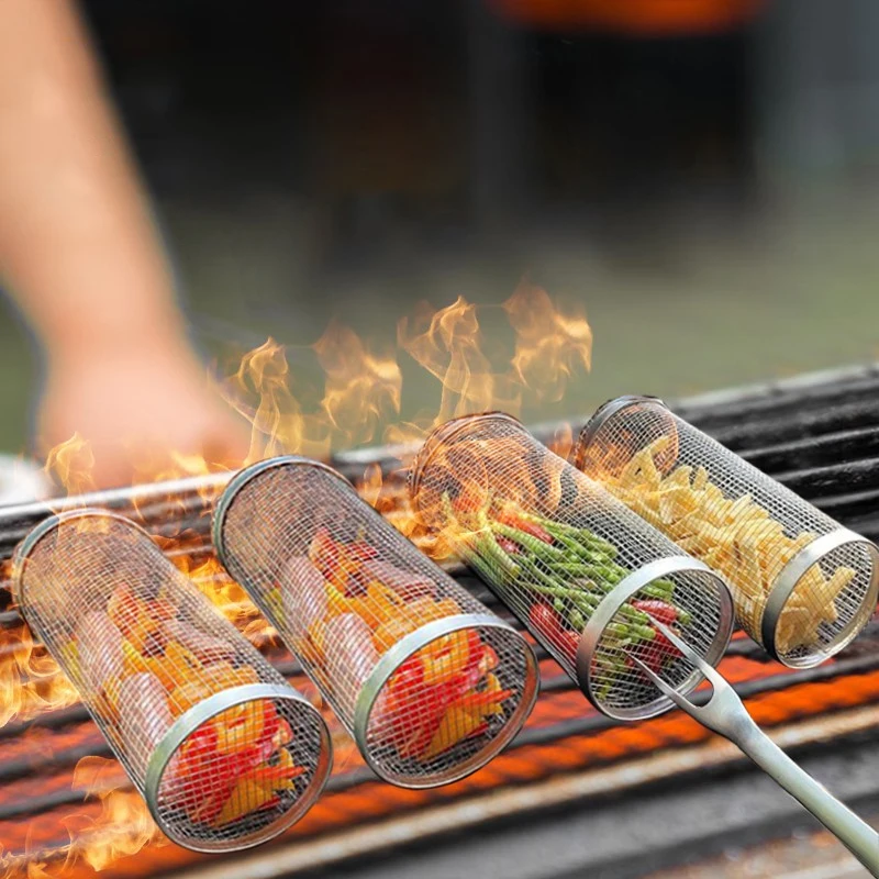 

2PCS Rolling Grill Baskets 304 Stainless Steel Reusable Barbecue Portable Round Outdoor Camping Free Shipping Barbecue Rack BBQ