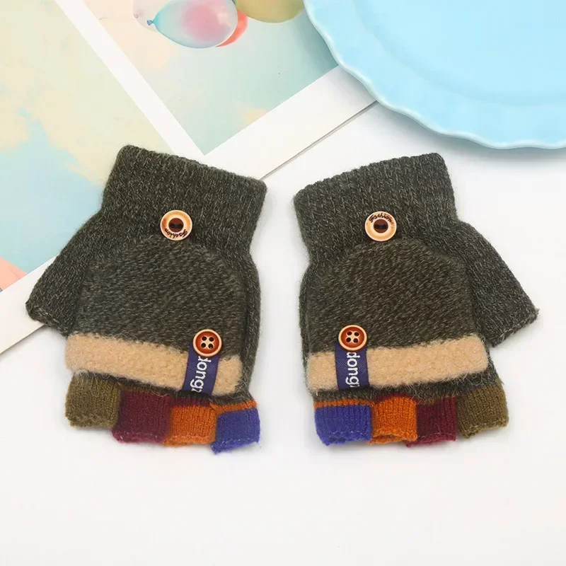 Half Finger Flip Kids Gloves Jacquard Color Matching Autumn Winter Warm Gloves for Children Student Writing Baby Gloves 3
