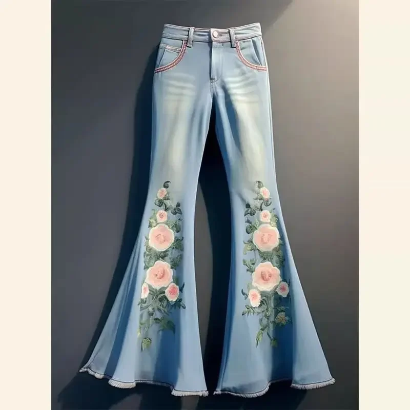 

American high street loose thin high-waisted hundred micro trousers fashion small blue printed jeans women 2024 spring