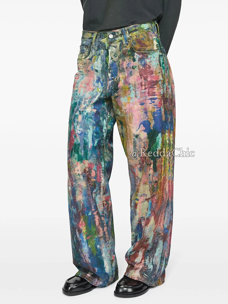 REDDACHiC Street Style Graffiti Jeans Men Distressed Rainbow Random Painting Pattern Straight Wide Leg Pants Hiphop Y2k Trousers 2
