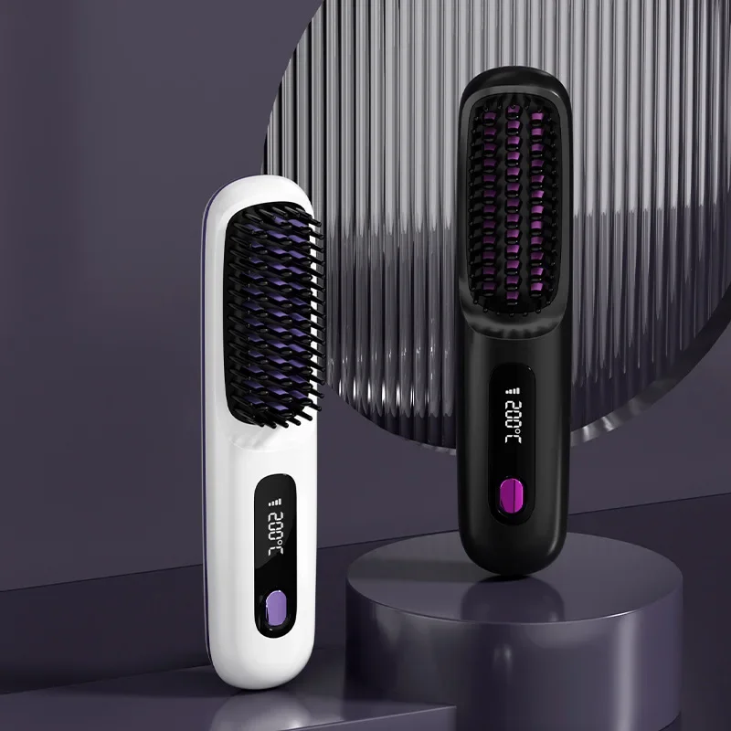 LCD Straight Hair Comb Portable Travel Hair Straightener Anti-Scald Heated Styling Brush USB Charging Cordless Straightener