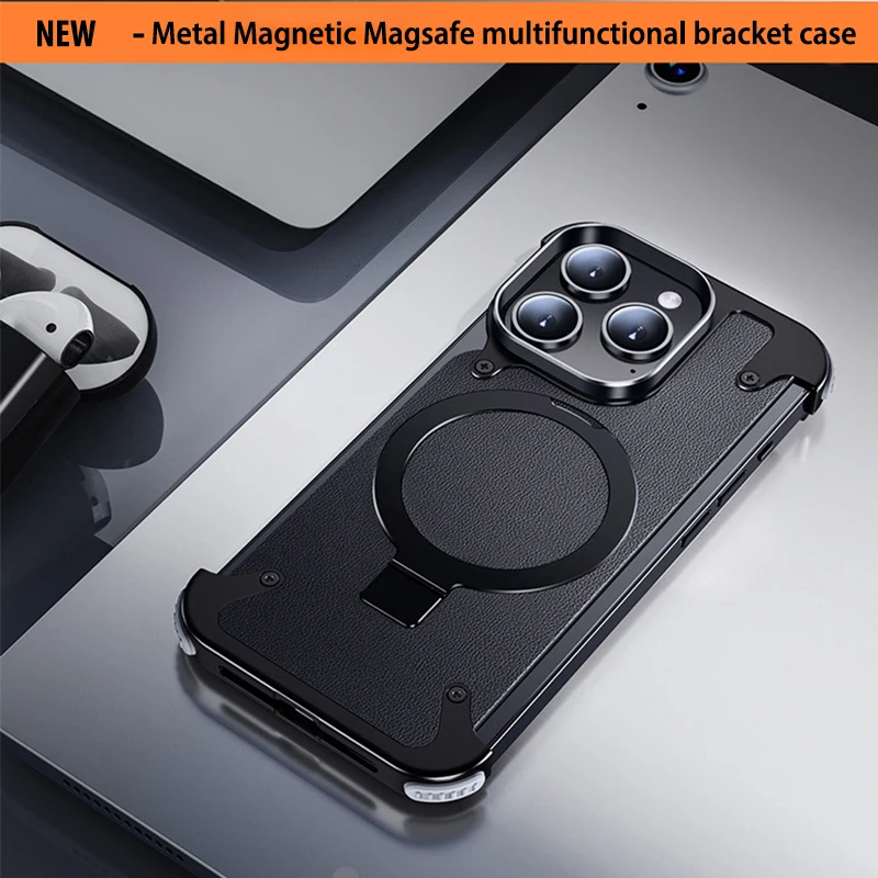 For iphone15 14 13 Pro Max Case Metal Magsafe frame four corner airbags Transparent leather Finger Ring car Phone Holder cover