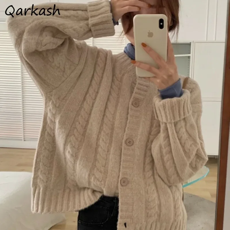 

Cardigans Women Solid Knitting Outwears Simple Stylish Baggy All-match Twist Sweet Cozy Gentle Female Harajuku BF Knitwear Chic