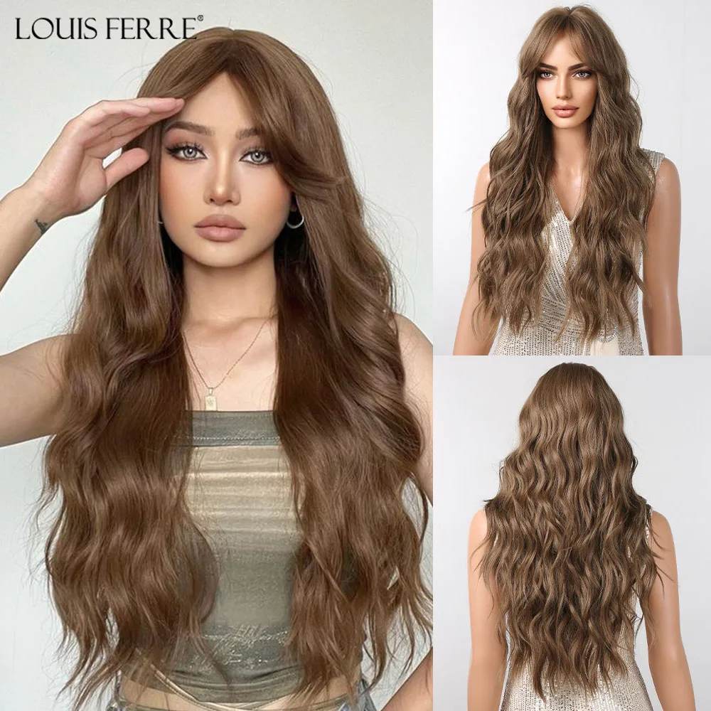 

LOUIS FERRE Golden Brown Long Wavy Synthetic Wig for Women Fake Hair With Bangs Daily Cosplay Heat Resistant Natural Blonde Wig