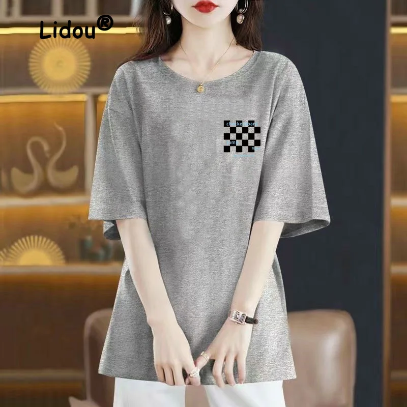

Fashion Summer Thin Checkerboard Grid T-shirt Women High Quality Short Sleeve O-collar Extended Version Casual Cotton Lady Top