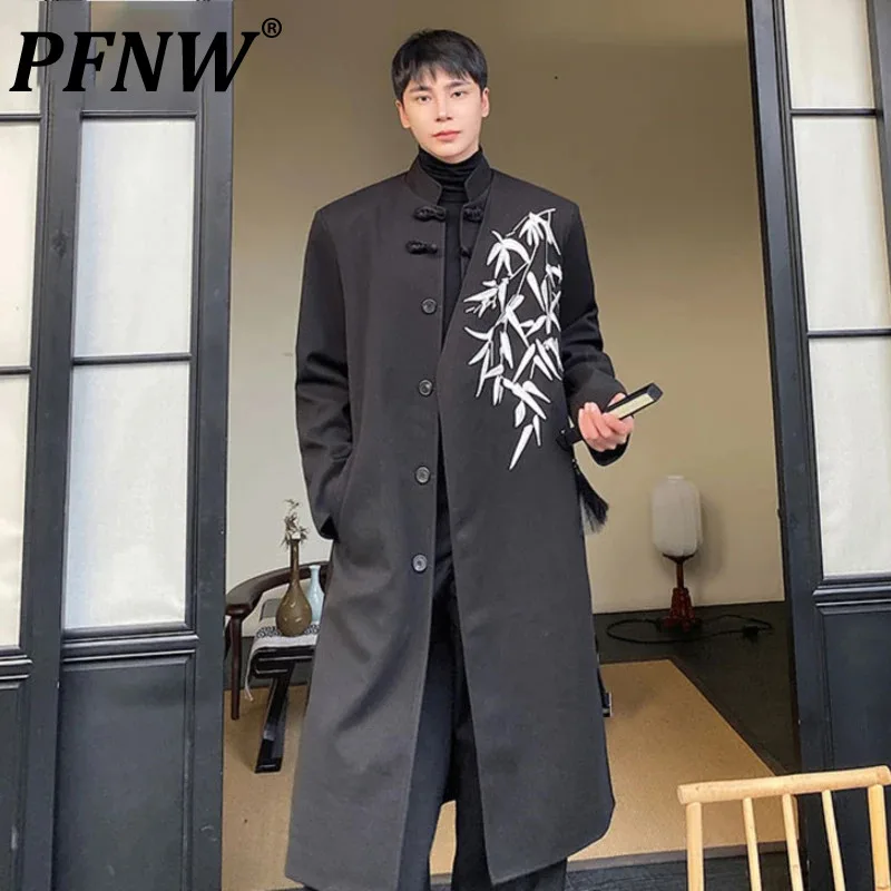 

PFNW Chinese Style Loose Woolen Coat Embroidery Stand Collar Buckle Belt Overcoat 2024 Winter New Trend Casual Men 9C3568