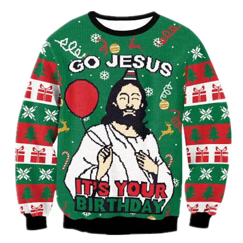 New Christmas Sweaters Green Jumpers 3D Funny Printed Holiday Party Xmas Sweatshirt for Party Birthday Xmas Sweatshirt 4