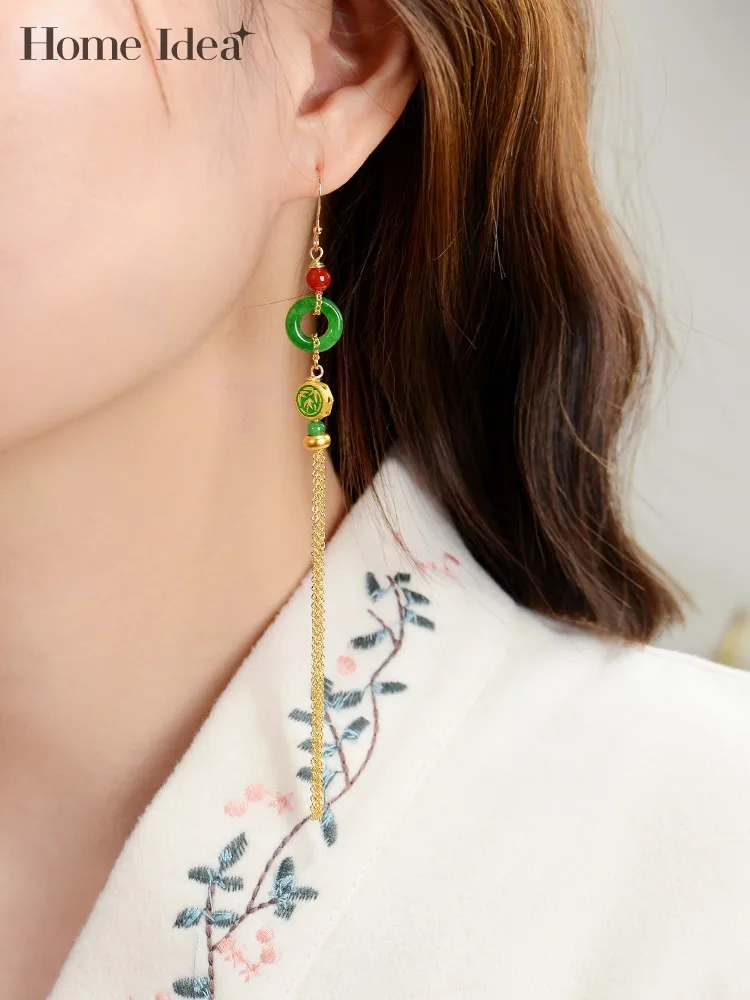 

Women Green Emerald Earrings 925 Silver Long Tassels Pendants Vintage Count Style Ornament Hook Clip Earrings