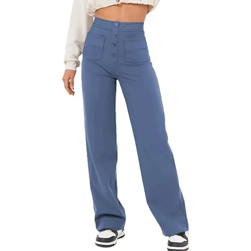 Autumn New Women's High Waist Pocket Wide Leg Button Casual Loose Straight Trousers and Pants