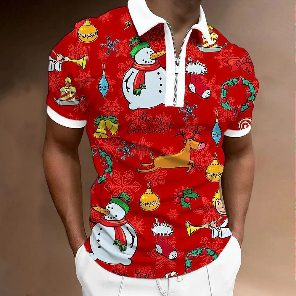 

2023 Christmas T-Shirts Men's Zipper Polo Shirt Casual Short Sleeve Pullover Elk Snowman Pattern Print Clothing Oversized Tops