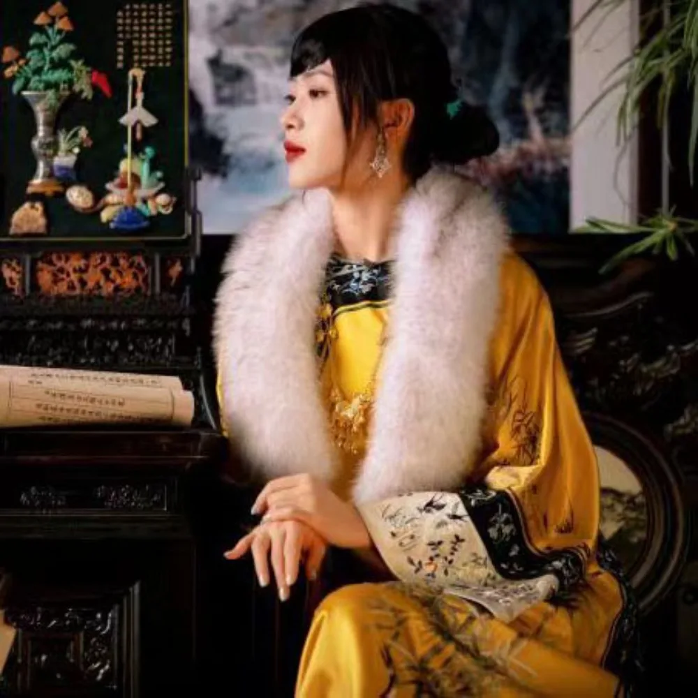 Autumn Vintage Round Neck Gold Satin Long Sleeved Cheongsam Dresses Women Qipao Qing Dynasty Cosplay Princess Costumes Vestidos chinese dress