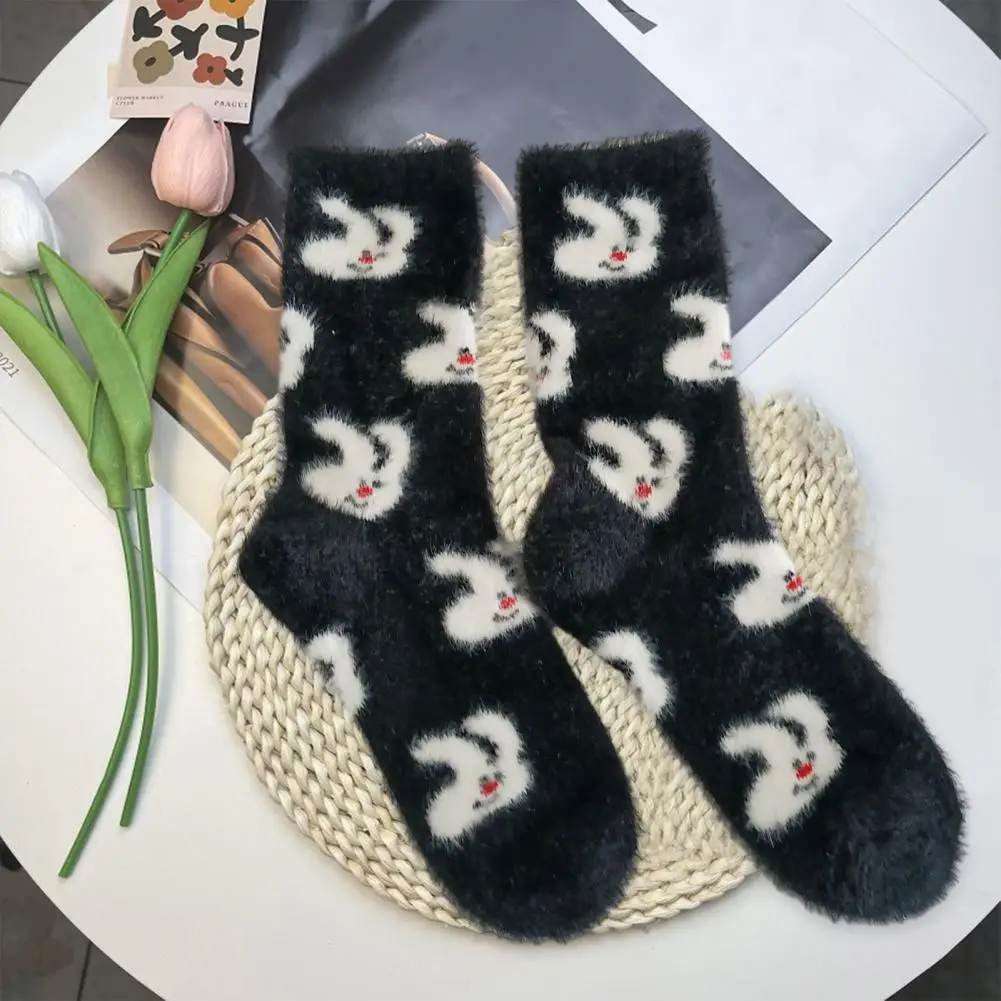 

Breathable Socks Thickened Imitation Mink Velvet Women Socks Cozy Mid-tube Cartoon Rabbit Cherry Fruit Plush Socks for Autumn