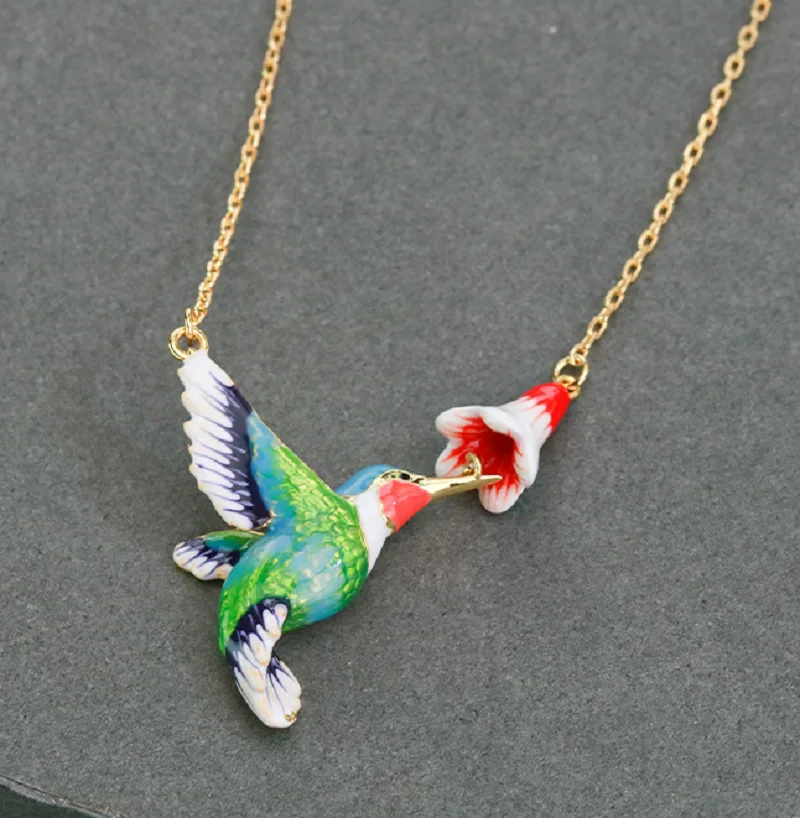 18K Hummingbird Pendant Enamel Plated Humming Bird Necklace