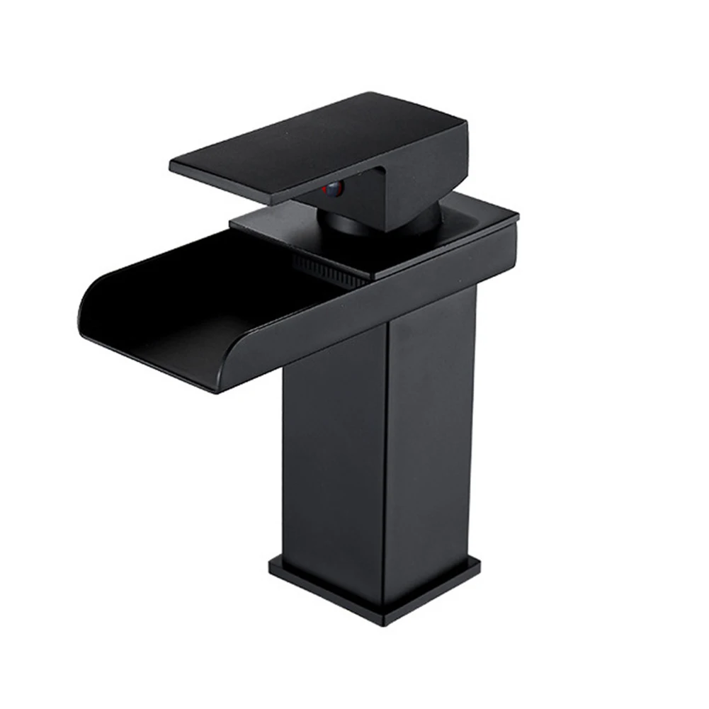 

Bathroom Basin Waterfall Faucet Deck Mounted Black Sink Faucets Cold And Hot Water Mixer Stainless Steel Black Washbasin Taps