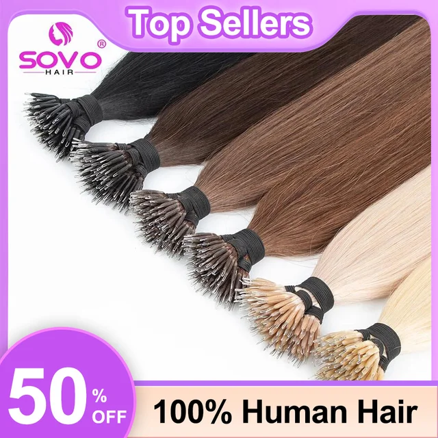 100 brins Nano anneaux Micro liens Extensions de cheveux humains naturel blond Micro perle boucle pré-collé Remy européen cheveux raides 1