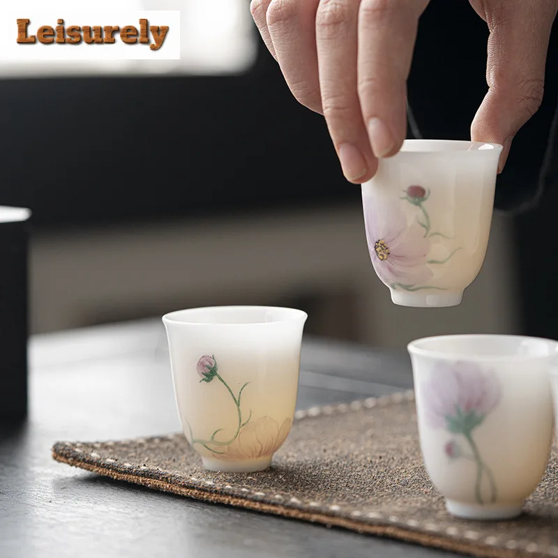 35ml Sheep Fat Jade Porcelain Tea Cup Happiness Flower Master Cup White Jade Mud Smell Fragrant Mug Personal Kung Fu Tea Set