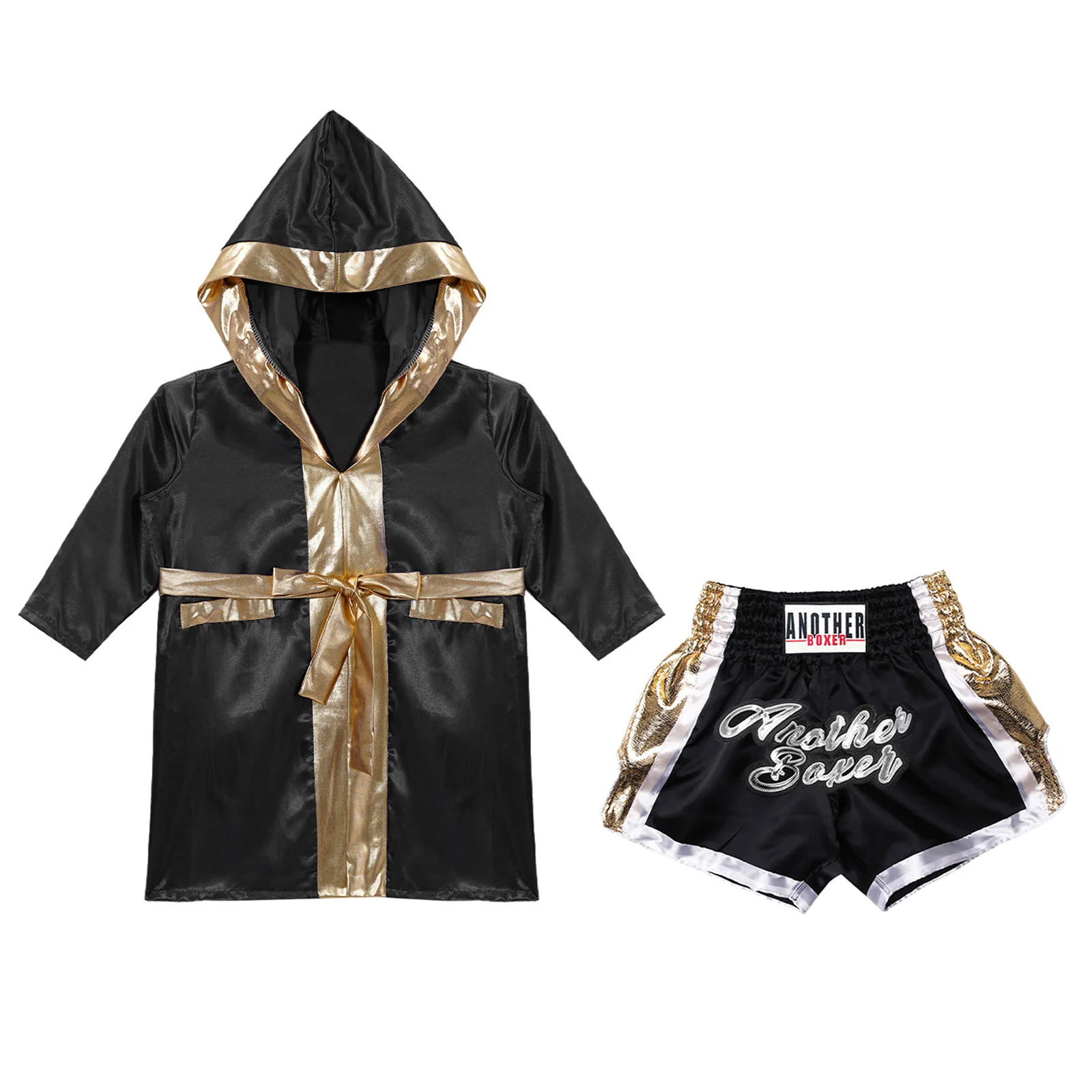Children Boys Boxing Outfit Halloween Cosplay Costume Kid Long Sleeve Metallic Trim Satin Belted Robe Hooded Cloak+Short Set