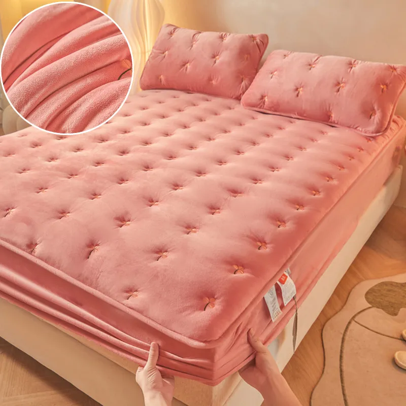 

Embroidered Bed Cover Thicken Mattress Protector Velvet Fitted Sheet fundas de colchón Winter Quilted Bedsheet(No Pillowcase)