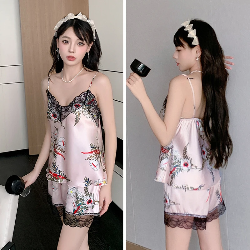 New Summer Sleepwear Women Ice Silk Cami Shorts Pajamas Grils Thin Sexy Lingerie Outfit 2PCS Suit Nightwear Lady Pijama Lenceria