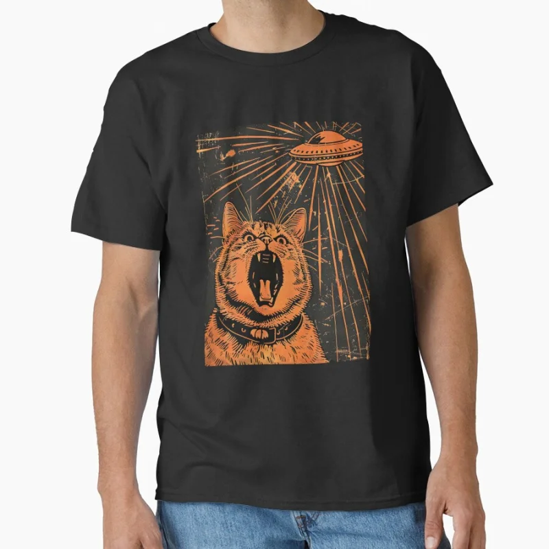 Space Cat 14 Lustiges Katzen- und UFO-Alien-T-Shirt aus 100 % Baumwolle mit Aufdruck für Katzenliebhaber, große Größe, Erwachsenen-Tops S-6XL