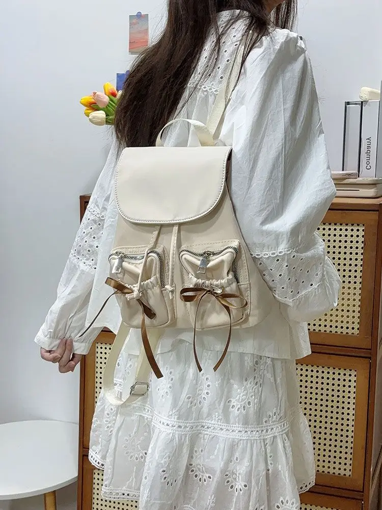 Pocket Bow 2024 Preppy Style Nylon Drawstring Fashion Trendy Handbag Backpack Casual Versatile Backpack Y2k Schoolbag