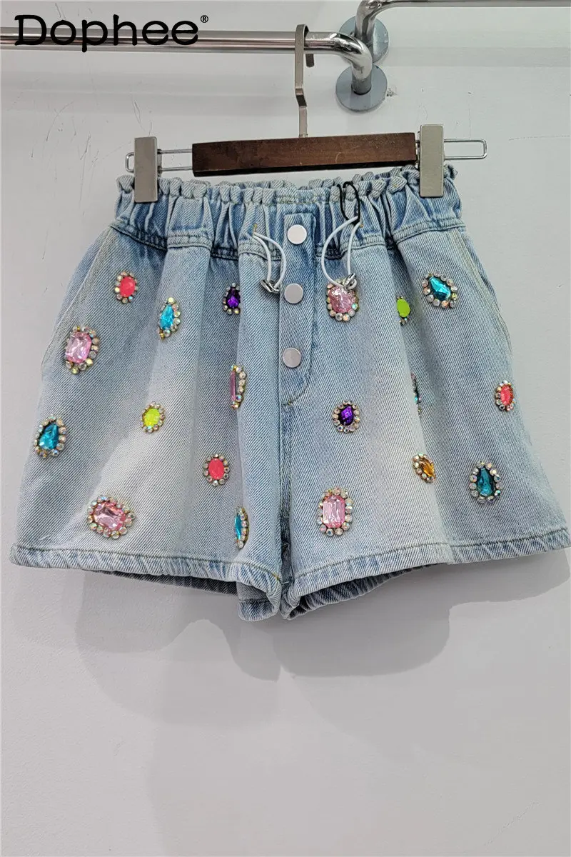 

2023 Summer New Heavy Color Rhinestone Elastic High Waist Jeans Shorts Women's Loose Slimming Denim Wide Leg Shorts High Street