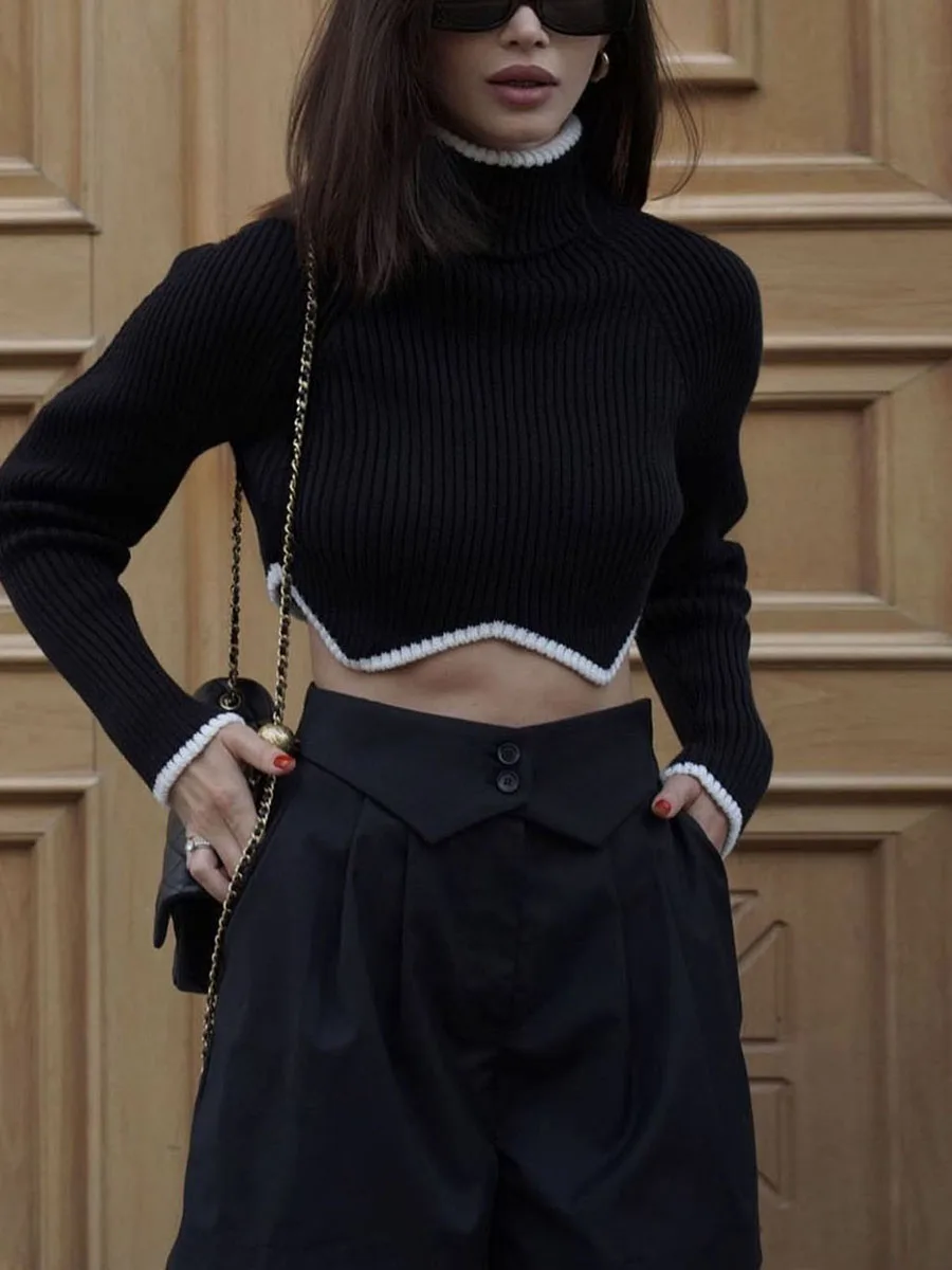 Women s Turtleneck Sweater with Long Sleeves and Irregular Hem Knit Pullover in Contrast Colors Crop Top Style