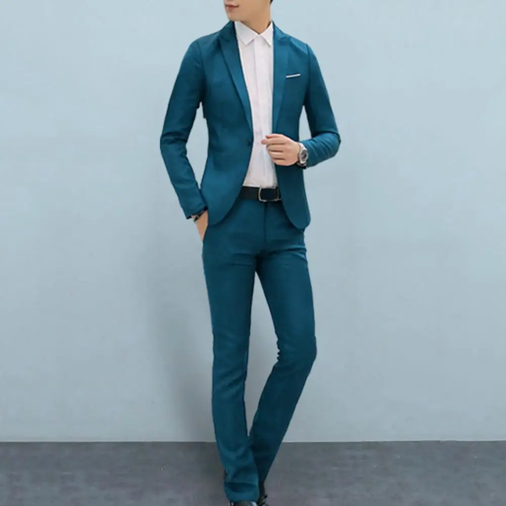 

Men Slim Fit Pants Set Men's Business Suit Set with Single Button Slim Fit Pants Spring/autumn Solid Color Lapel Design