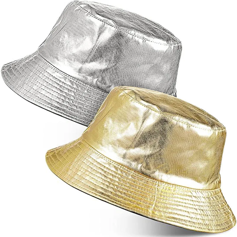

Metallic Bucket Hat Unisex Trendy Fisherman Hat Hip Hop Reversible Foldable Packable Cap Double Side Wild Camping Party Hat