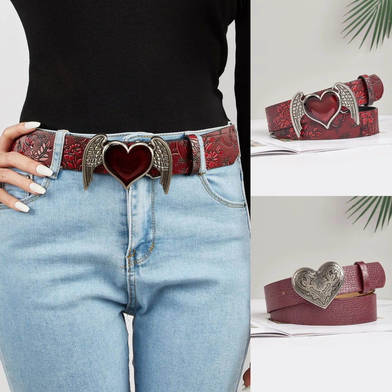 Damen-Gürtel mit leichtem, luxuriösem Vintage-Metall-Engelstein und herzförmiger Schnalle mit burgunderrotem Blumenmuster, ein vielseitiger dekorativer Gürtel für