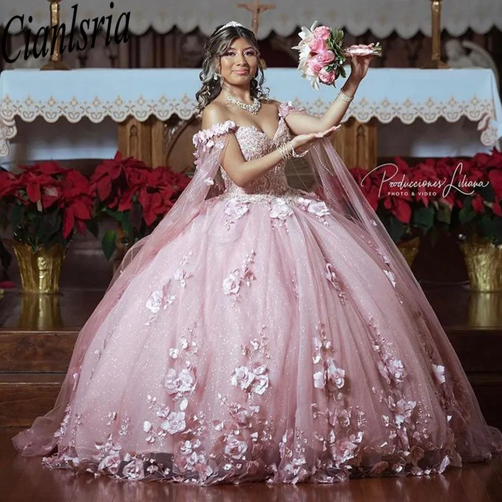 

Mexican Vestido De 15 Anos Pink Charro Quinceanera Dresses with Cloak Lace Applqiued Corset Sweet 16 Dress Abiti Da Cerimonia