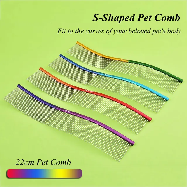 22cm S-shaped Pet Rainbow Comb Cat Grooming Comb Stainless Steel Dog Comb Dense Teeth Cleaning Brush Hair Removal Pet Supplies