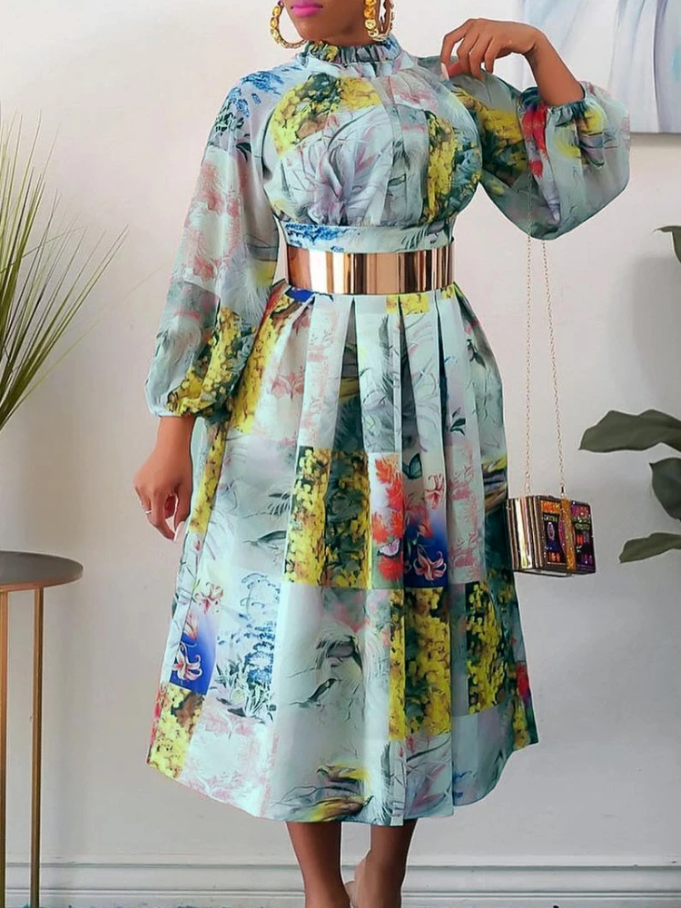 Floral Printed A Line Pleated Long Lantern Sleeves Dress with Gold Belt 6