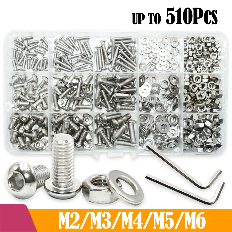 Stainless Steel Screw Hex Socket Screw Nut Washer M2 M3 M4 M5 M6 Hexagon Metric Thread Machine Allen Bolt Assortment Kit